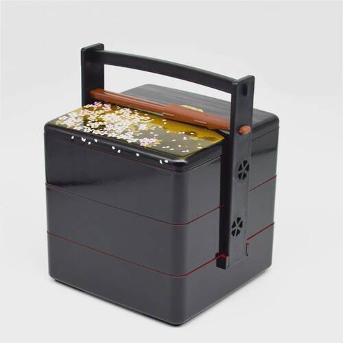 新款中号手提日式烫金花寿司盒三层便当盒精致黑红双色野餐盒