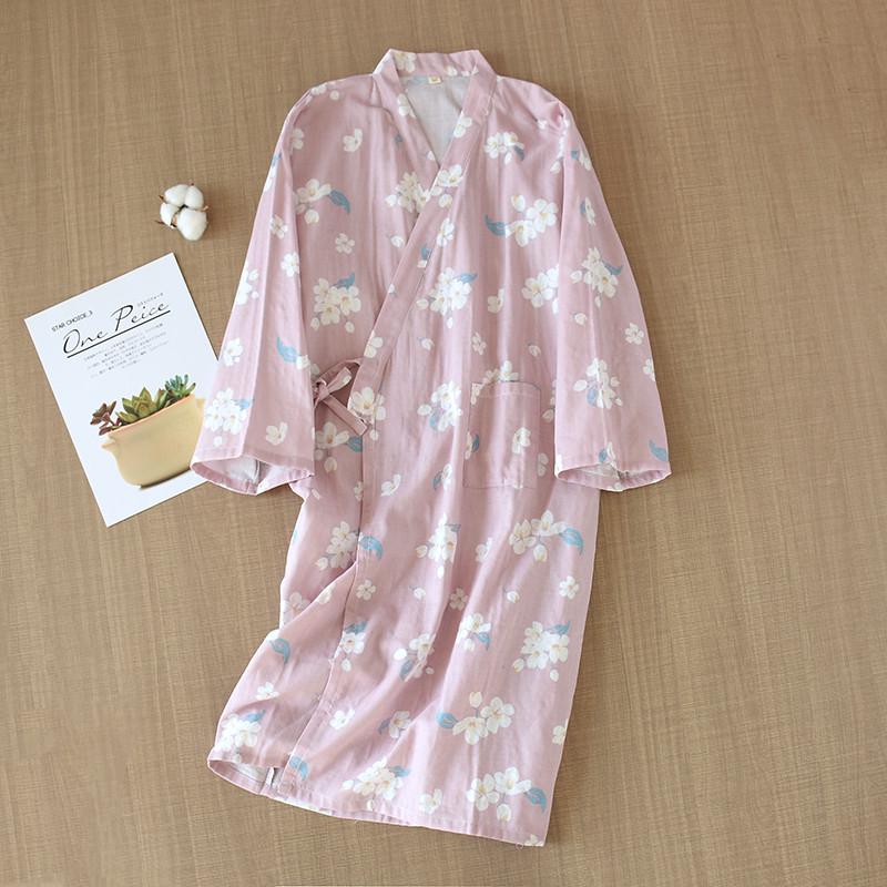 睡袍女春秋季纯棉长袖薄款和服纱布睡衣浴袍系带春秋女士浴衣
