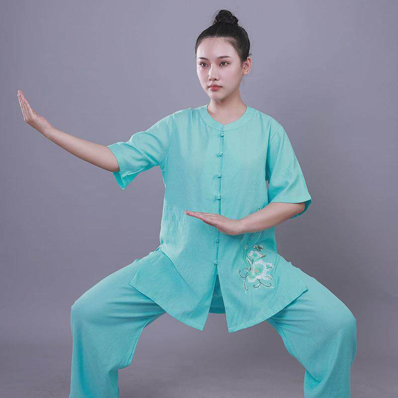 宏情棉麻武术服太极服女珍珠扣圆领夏季练功服太极拳绣花八段锦服