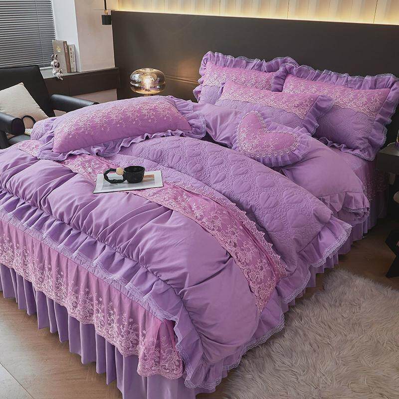 xei3婚庆大红色床裙四件套结婚被子夹棉床罩款床上蕾丝花边床单被