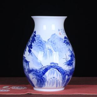 景德镇陶瓷花瓶名家手绘青花瓷釉下彩筒山水福青花花瓶客厅摆件