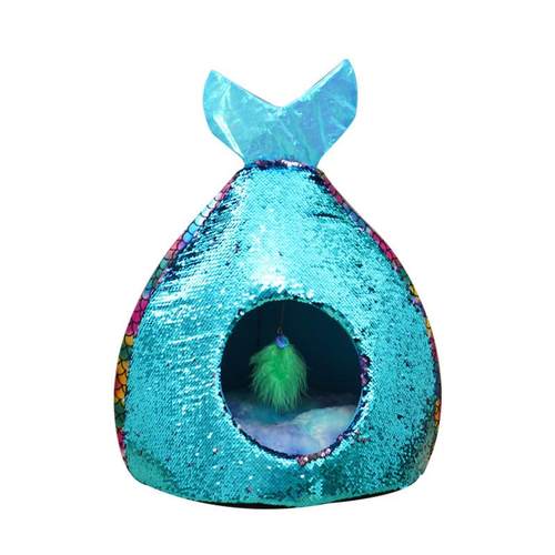 猫窝冬季保暖炫彩美人鱼宠物窝半封闭式幼猫变色狗窝响纸宠物用品