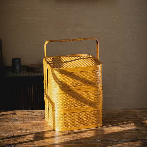 复古竹编食盒多层提篮茶具收纳盒手提仿古礼品分食盒带盖提盒家用