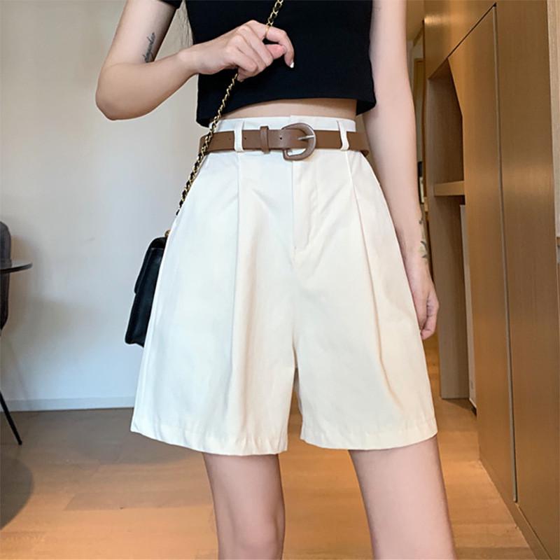 卡其色工装短裤女夏季薄款高腰显瘦宽松阔腿中裤休闲西装五分裤