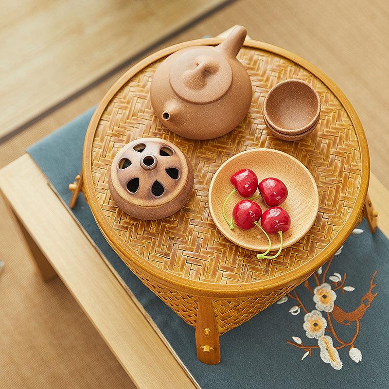 网红家用竹编茶具收纳筐桌面储物篮纯手工竹编制品野餐带盖水果篮