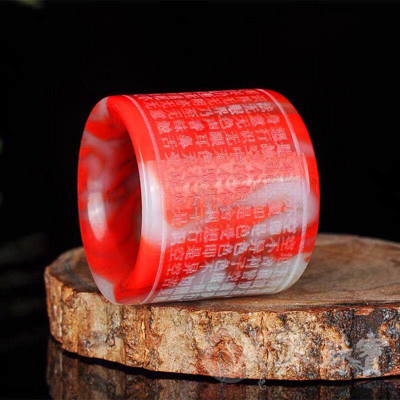 包邮新疆和田鸡血玉菠菜绿扳指般若波罗蜜心经白色男款玉石戒指