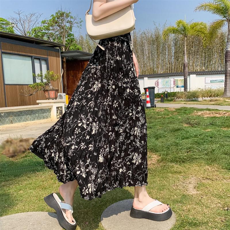 轻奢高货碎花半身裙女小个子春夏季2025新款褶皱中长裙高腰百褶印