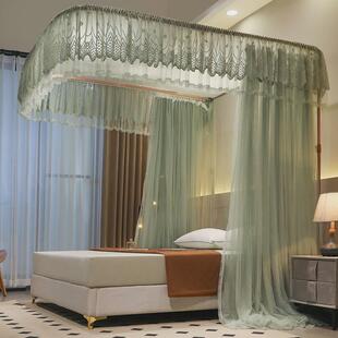 落地导轨蚊帐家用卧室2023新款高级床帘支架免安装轨道遮光u型1.5