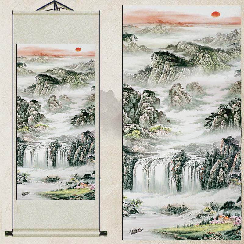 A947定制丝绸聚宝盆风景装饰山水画卷轴挂画客厅办公室字画竖版,家居饰品,现代装饰画,淘宝优惠券,粉丝福利购,淘宝优惠卷
