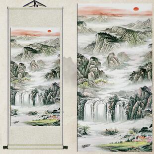 A947定制丝绸聚宝盆风景装饰山水画卷轴挂画客厅办公室字画竖版