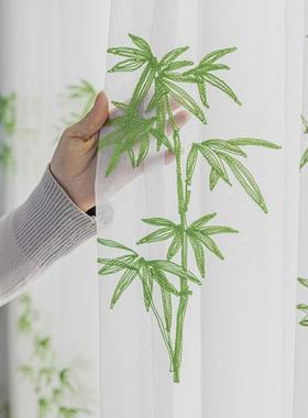 新中式绿色竹子绣花窗帘中国风画室茶馆窗纱客厅隔断帘四合院纱帘