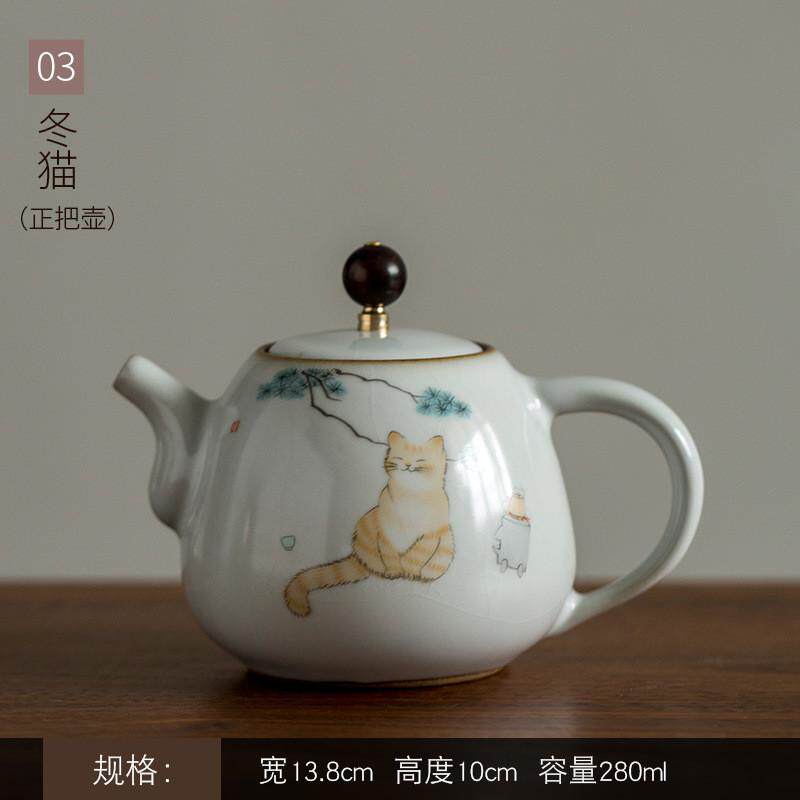 汝窑正把壶自然开片可养茶壶家用功夫泡茶壶复古印花陶瓷茶具