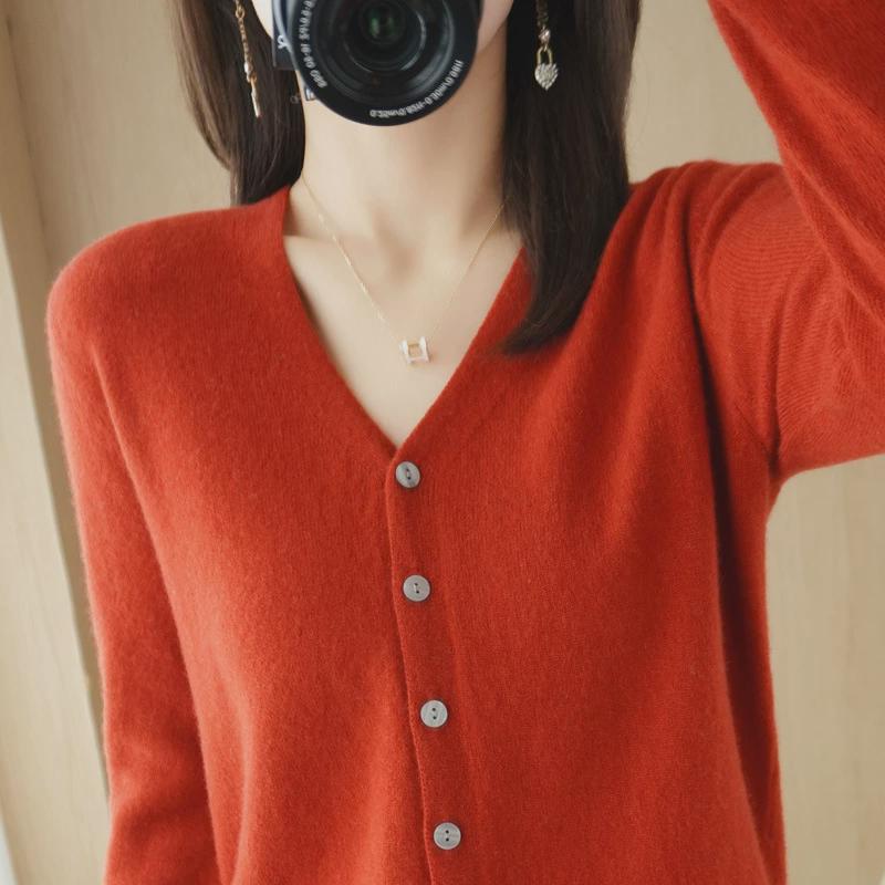 开衫秋装韩版V领毛衣宽松打底衫针织开衫女纯色短款外套一件代发