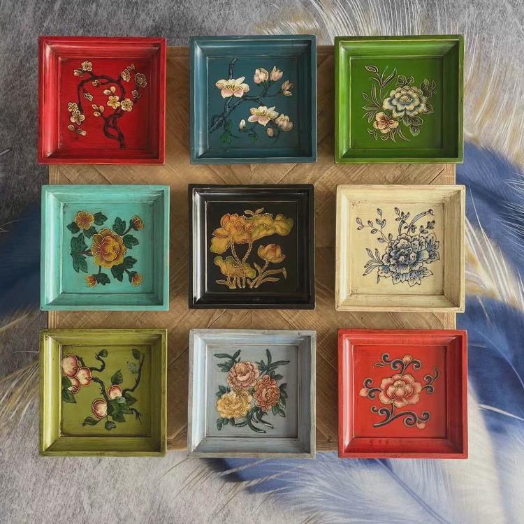 彩绘实木盘复古茶盘果盘做旧贡盘点心盘干果盘桌面收纳盘托盘