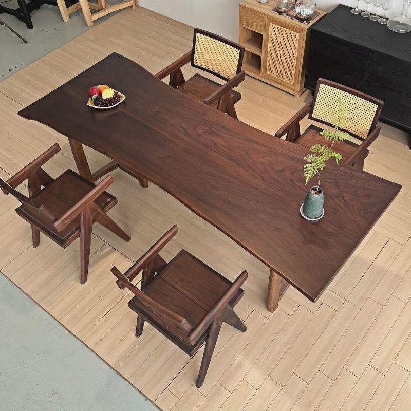 北美简约书桌实木大板黑胡桃木茶桌茶台餐桌自然边原木办公桌整板