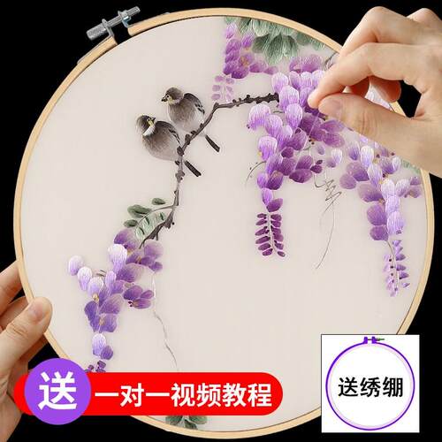 #苏绣刺绣手工diy套件自绣材料包初学古风自绣入门针迹紫藤花鸟