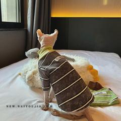 奶油家无毛猫衣服斯芬克斯德文宠物猫咪秋冬款条纹纯棉家居服包邮
