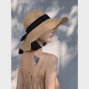 潮百搭海邊沙灘帽 拉菲草帽女夏遮陽帽防曬大沿帽顯臉小帽子女韓版