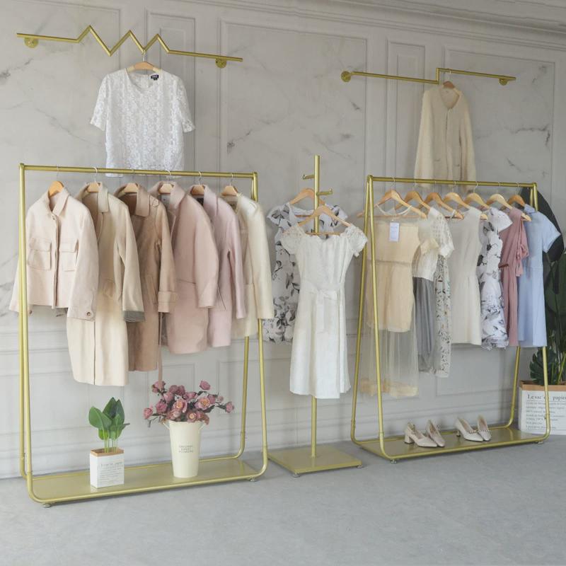 服装店展示架落地式女装带板衣服架子简约陈列中岛金色铁艺挂衣架