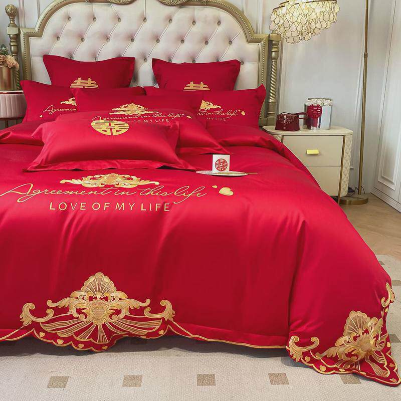 婚庆四件套全棉喜简约大红高档被刺绣新结婚房嫁礼床笠单床上用品