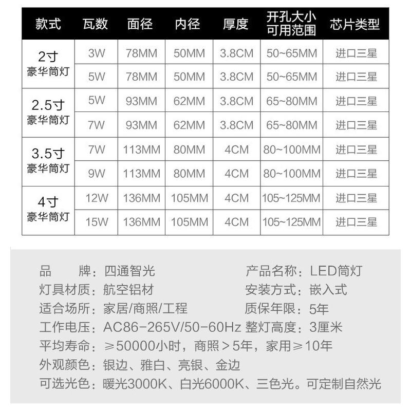 led筒灯3W5W12瓦2.5-4寸6.5cm开孔6 8 9公分10客厅嵌入式天花射灯