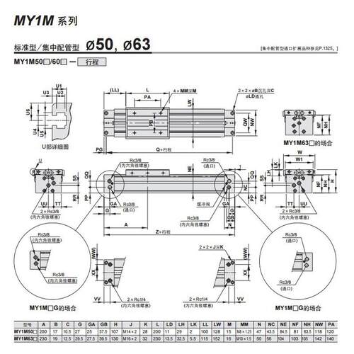 smc机械接合式无杆气缸my1m32g-150al