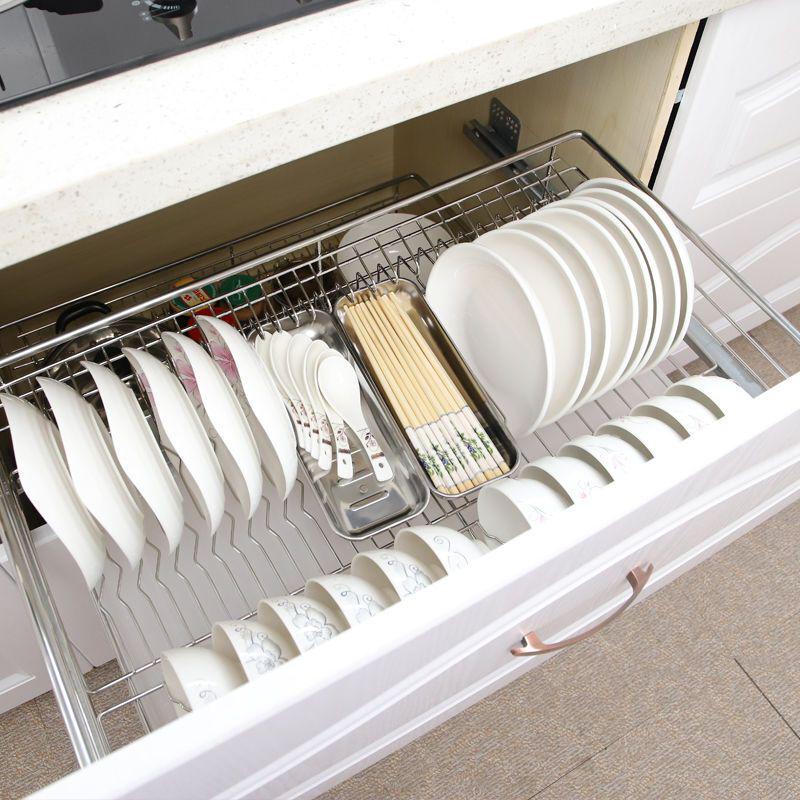 热销碗架不锈钢内置304拉篮柜子实心阻尼缓冲抽屉双层碗碟厨房碗