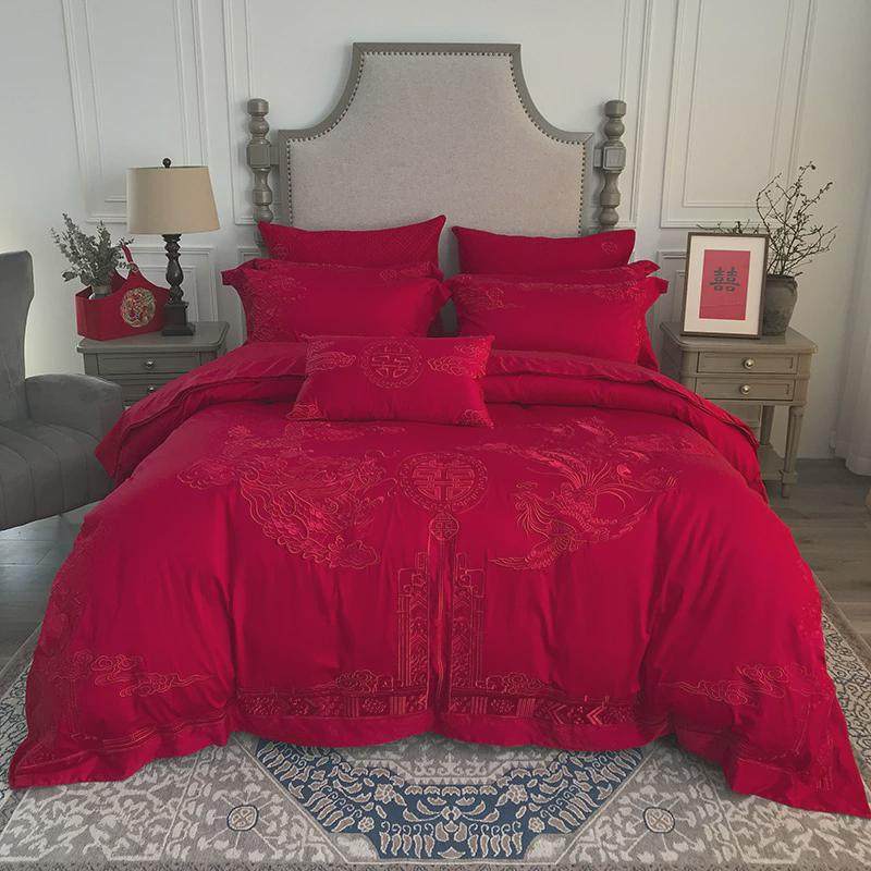 喜喜狐婚庆家纺结婚四件套备婚床上用品红色九被龙凤刺绣盛世长歌,床上用品,婚庆床品套件,淘宝优惠券,粉丝福利购,淘宝优惠卷