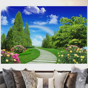开门有路蓝天白云绿草地大树花草招财装饰画客厅沙发背景墙风景画