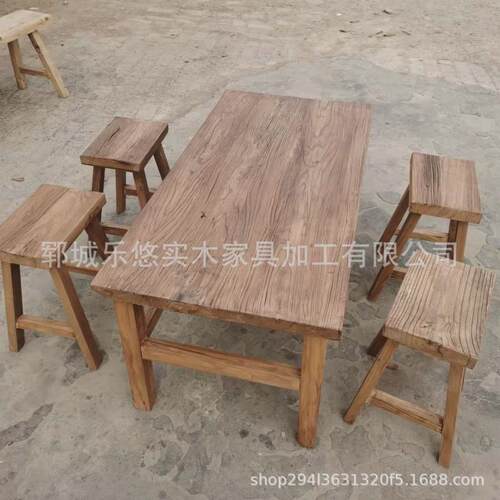 榆木门板桌复古老旧木板原木茶桌禅意餐桌实木吧台中式茶桌椅组合