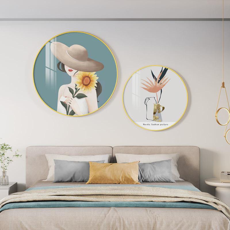 现代简约卧室床头装饰画圆形背景墙房间人物挂画轻奢墙面壁画组合