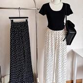 145xs休闲直筒长裤 小个子150皱褶波点阔腿裤 女夏冰丝小码