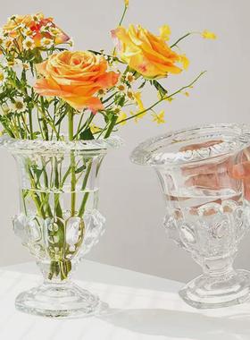 复古ins风创意浮雕高脚大花瓶透明玻璃插花鲜花轻奢餐桌客厅摆件