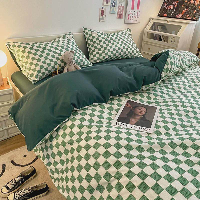 北欧简约格子床上水洗棉四件套品学床生磨毛四季款被套礼品批发