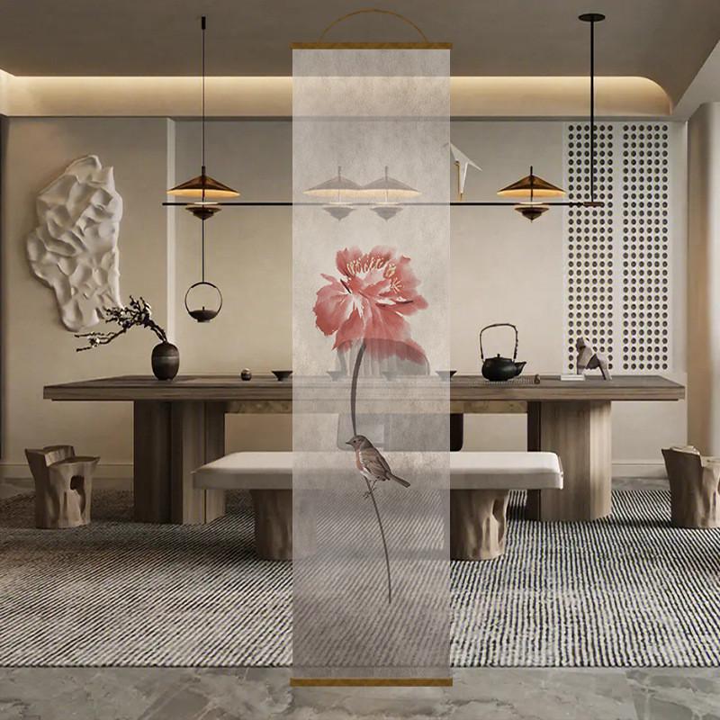 新中式上水玄关双面透景屏风纱卷帘隔断帘挂帘窗帘画透光纱帘