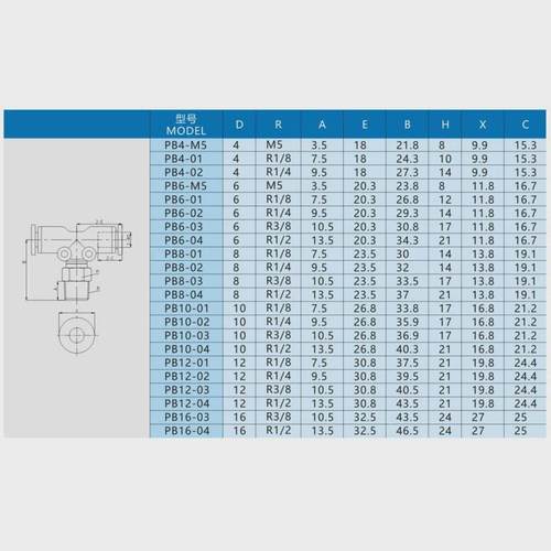 螺纹气管接头pb4/6/8/10-m5/01/02/03/04三通t型快速精密气管接头