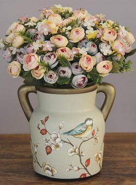 g5pa复古装饰花瓶欧式美式餐桌双耳花瓶花艺新中式茶几陶瓷花瓶