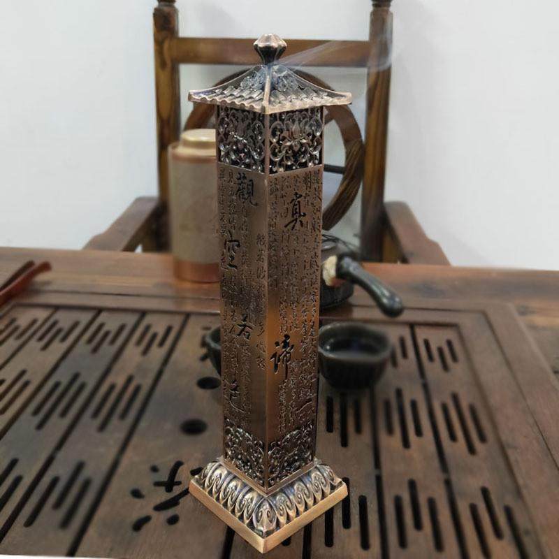 工艺品摆件大号红铜心经柱仿铜立式熏香炉家用装饰香摆件批发