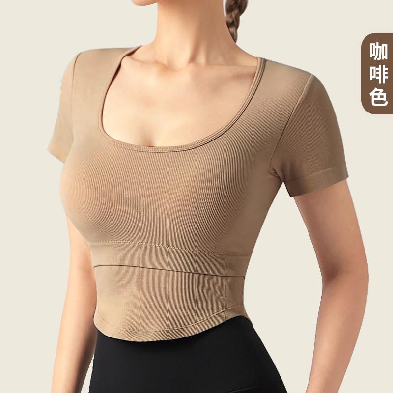 一体杯胸垫透气排汗短袖运动t恤上衣女紧身瑜伽服跑步飞盘健身服