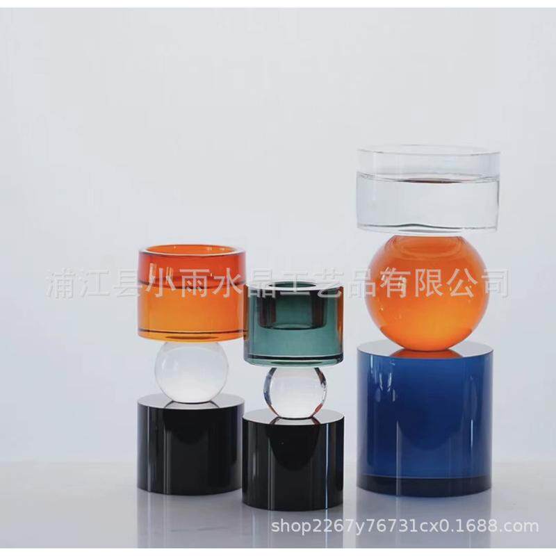 费灵家居彩色水晶玻璃几何北欧烛台现代轻奢浪漫餐桌创意装饰摆件
