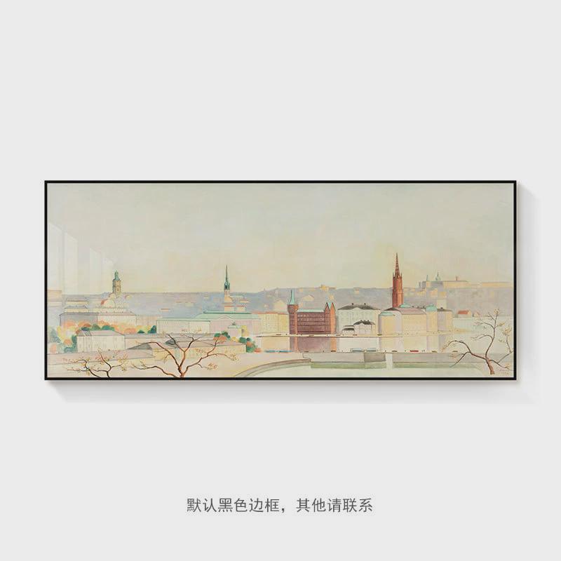 瑞典艺术家ins简约风景油画房屋城市街景挂画轻奢客厅沙发背景墙