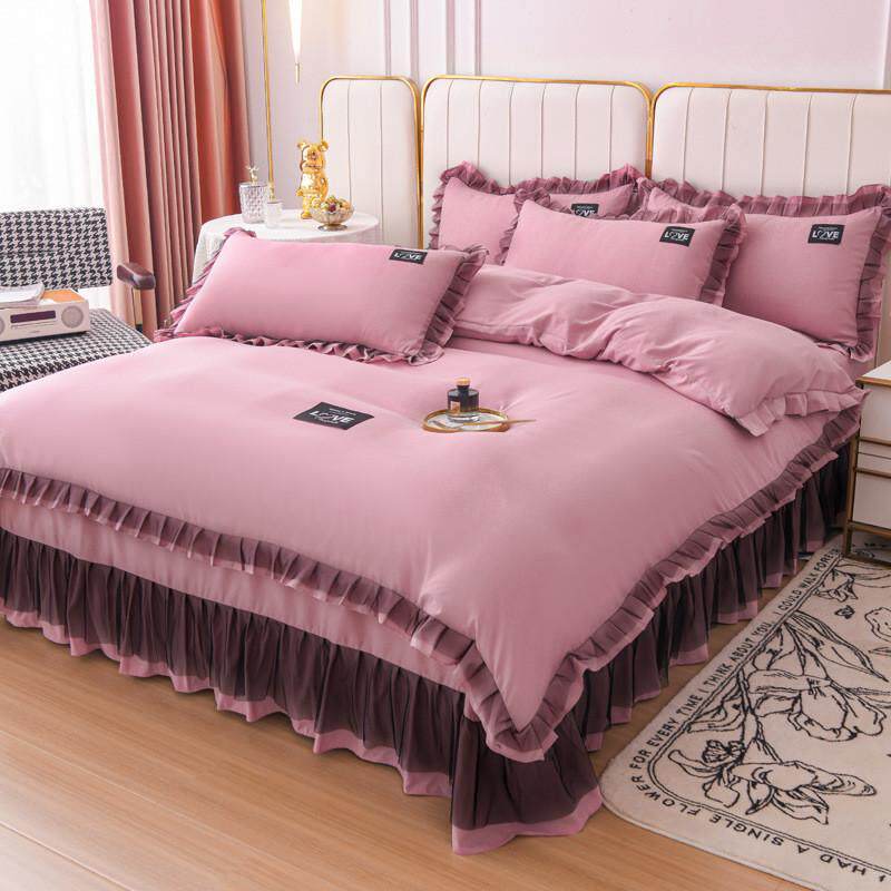 韩版蕾丝花边纯色公主风四件套被套亲肤水洗棉磨毛床单四季通用