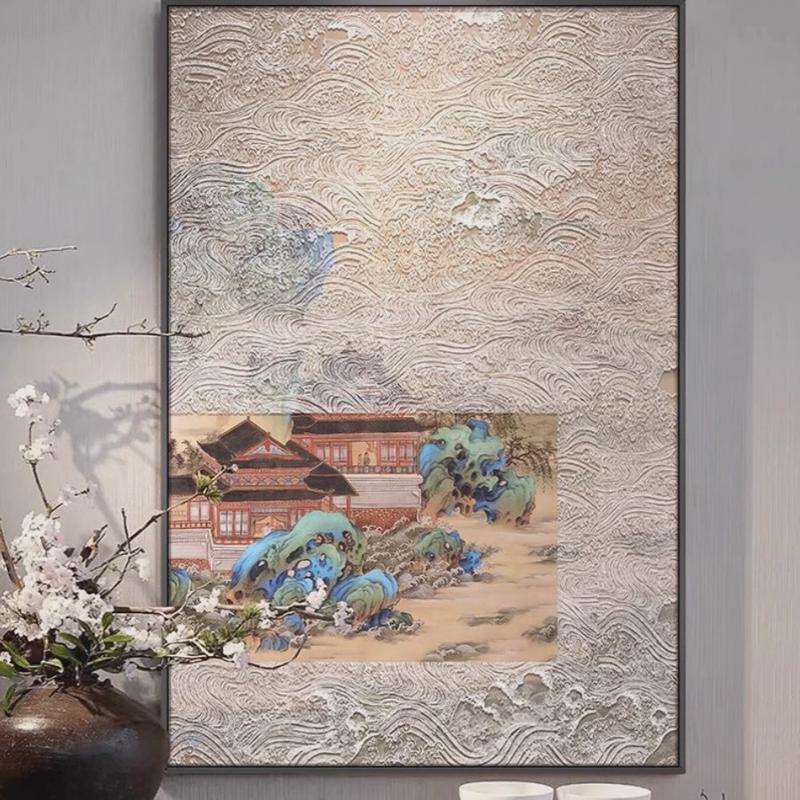 新中式立体浮雕意境挂画玄关茶室别墅酒店壁画禅意山水风景装饰画图片