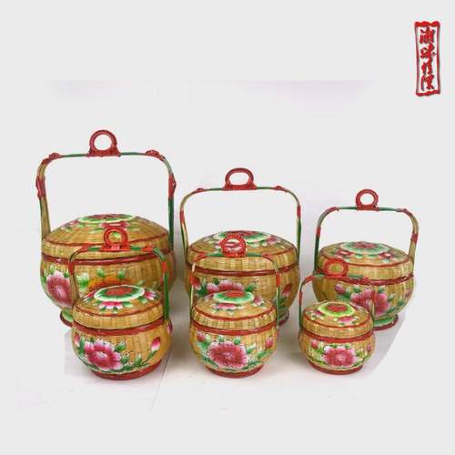 热销摆件手工彩绘竹篮婚嫁花篮竹编篮子收纳蓝储物篮传统竹艺潮汕