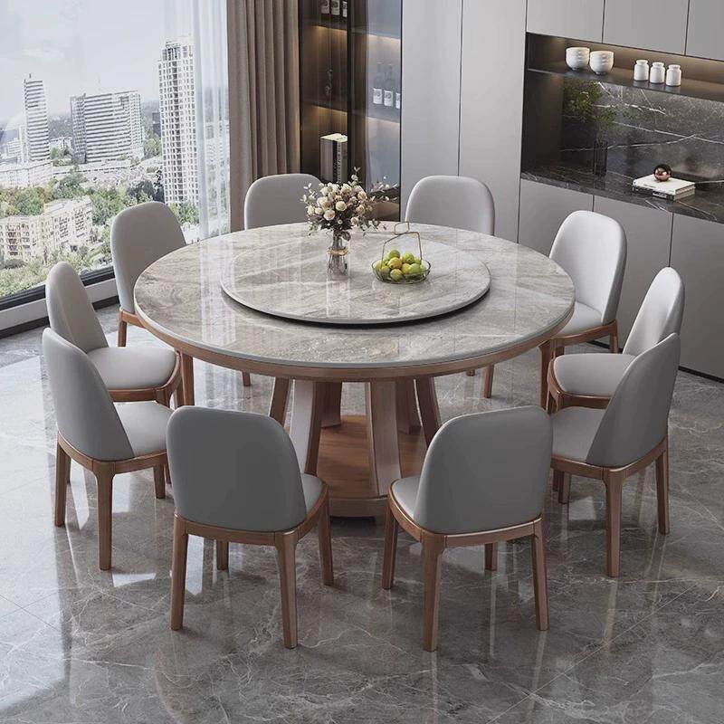 组合套装实木岩板餐桌椅北欧圆形家用酒店圆餐桌带转盘大户型饭桌