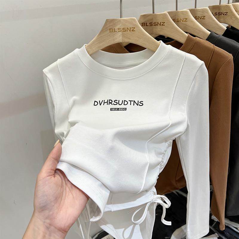 2024秋冬长袖t恤女内搭抽绳字母洋气时尚显瘦白色打底衫,女装/女士精品,时尚防晒服,淘宝优惠券,粉丝福利购,淘宝优惠卷