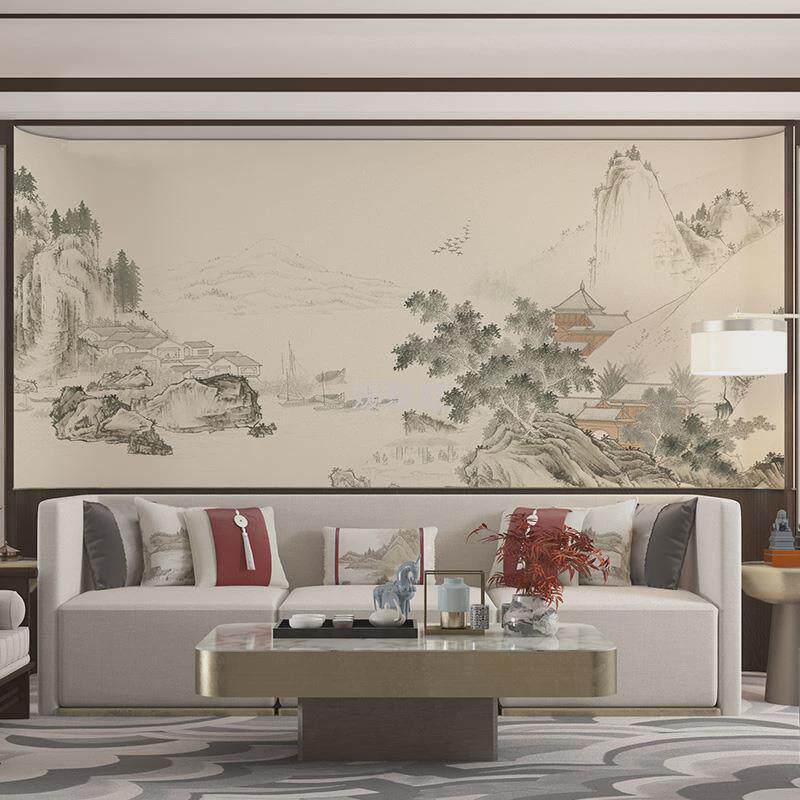 y禊3新中式电视背景墙壁纸客厅沙发水墨山水墙纸壁画茶室壁布无缝