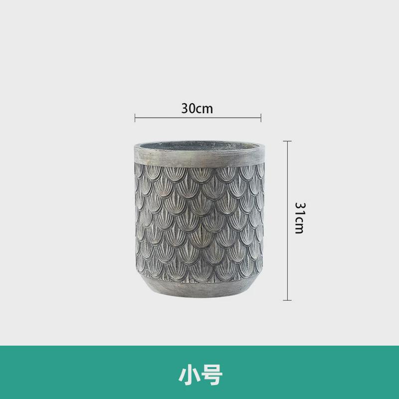 北欧创意复古做旧浮雕圆形水泥花盆园林芭蕉叶绿植盆栽落地花盆