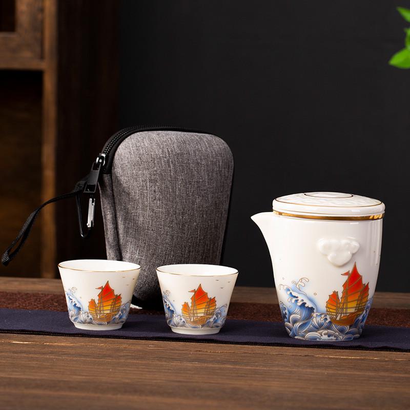 陶瓷羊脂玉白瓷快客杯二杯一帆风顺一壶便携式旅行茶具套装收纳包