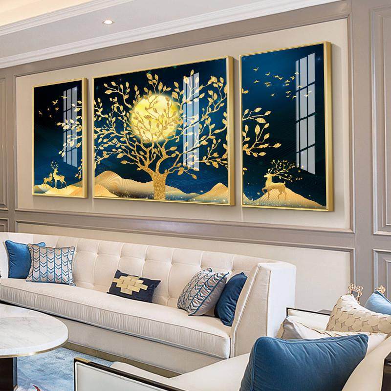 客厅装饰画北欧后面沙发背景墙的挂画轻奢餐厅大气鹿三联玻璃壁画